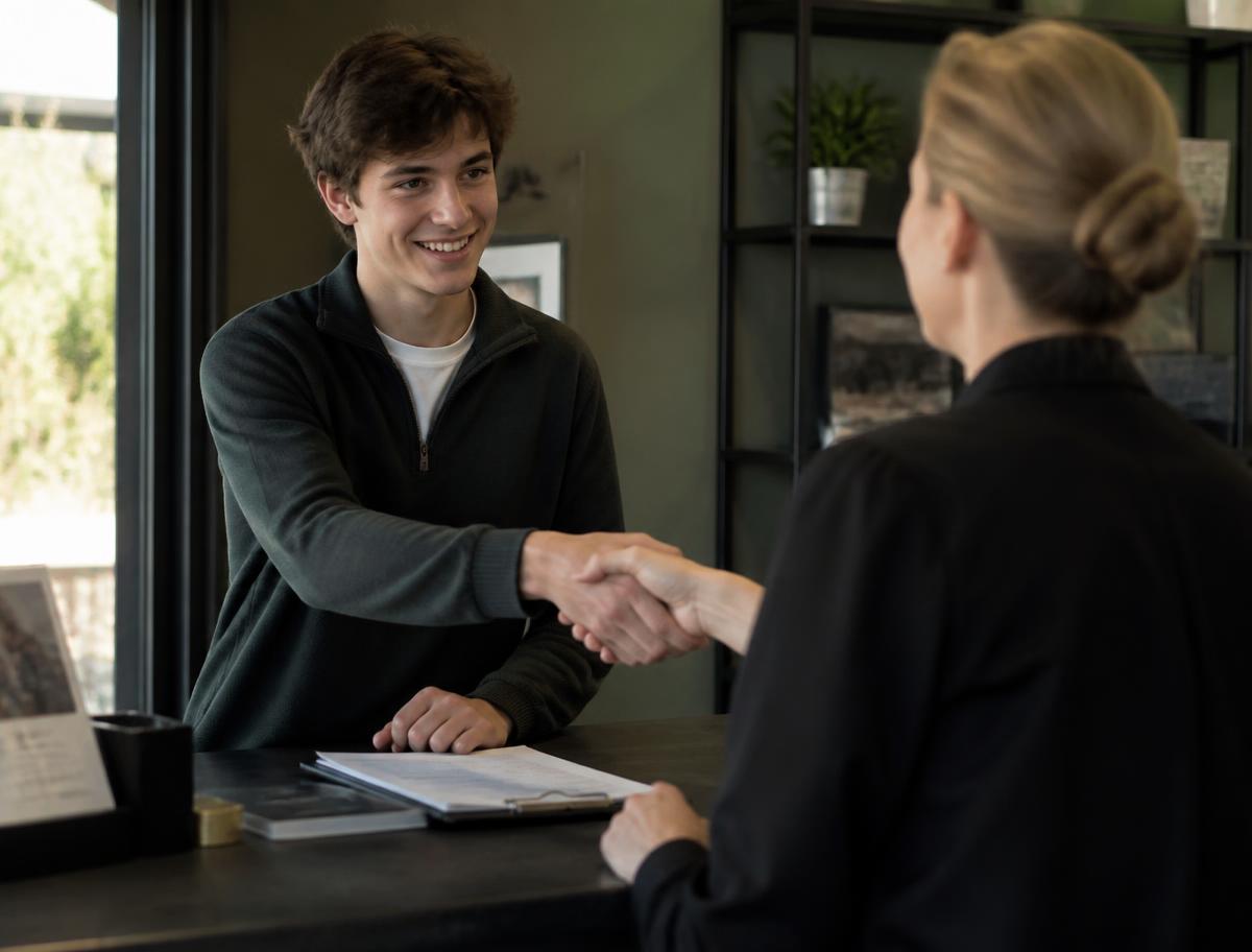 A teenager shaking hands with a manager at a first job interview